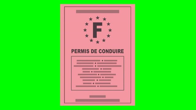 Une main pr&eacute;sente son permis de conduire ancien rose sur fond vert (flat design)