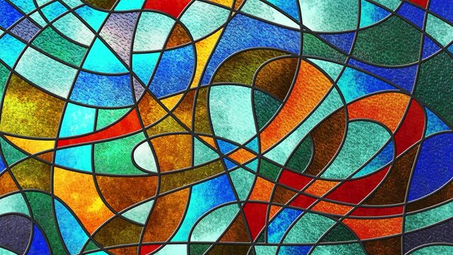 Animated colorful modern looping stained glass window. Old paper. Sketch. Multicolor light. Animation footage. Colored glass texture. Rays.  Motion of light.