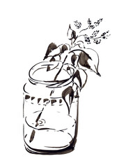 A branch of blooming lilacs in a glass jar drawn with black ink and brush on a white background, illustration - sketch made by hand