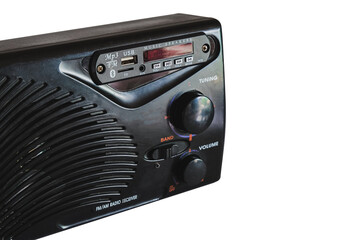 Diy mp3 player to old FM radio receiver on white background.