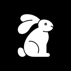 Cruelty free dark mode glyph icon. Cosmetics without testing on animals. Rabbit, hare, bunny. No animal experiment. Vegan product. White silhouette symbol on black space. Vector isolated illustration
