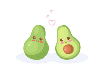 Cute vector avocado illustration: whole, sliced. Kawaii cartoon healthy vegetarian, vegan food characters. Smiling comic kids menu, print, wrapping paper. Mexican recipe. Isolated on white background.
