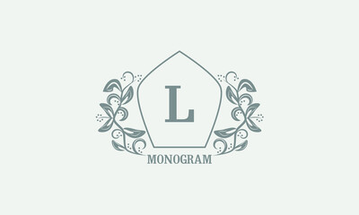 Vintage graceful floral monogram with initials L. Heraldic logo symbol with exclusive calligraphic design elements in gray tones. Business sign, identity for hotel, restaurant, jewelry.