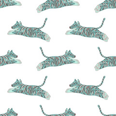 Isolated seamless pattern with blue creative tiger cats ornament. White background. Kids style.