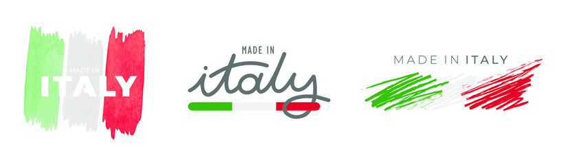 Set of Italian logos and flags isolated on white background, made in Italy. Italian products, premium quality, Italian tricolor.