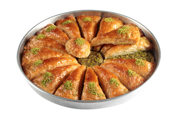 Traditional Turkish dessert Baklava with pistachios on a tray