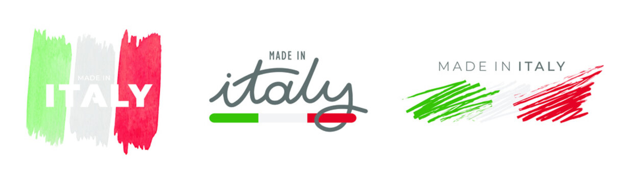 Set of Italian logos and flags isolated on white background, made in Italy. Italian products, premium quality, Italian tricolor.