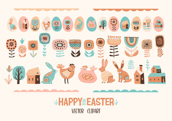 Happy Easter. Vector set of cute illustration. Chicken, bunnies , flowers, eggs, houses. Design elements