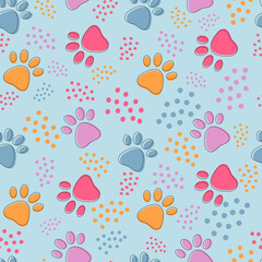 Cute seamless pattern with colorful pets paws on light blue. Cat or dog footprint outline background with dots. Animal backdrop for pet shops, product packing, greeting card, vet clinic, pet care