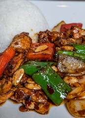 close up of gongbao chicken rice