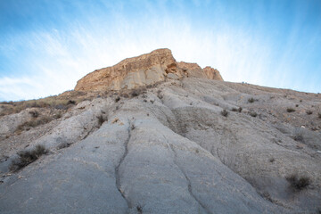 sandstone hilll and blue sky background in the Tabernas desert Spain