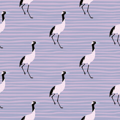 Seamless zoo tropic animal seamless pattern with simple crane birs elements. Blue pastel striped background.
