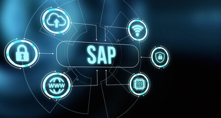 Fototapeta premium Internet, business, Technology and network concept. SAP System Software Automation concept on virtual screen data center