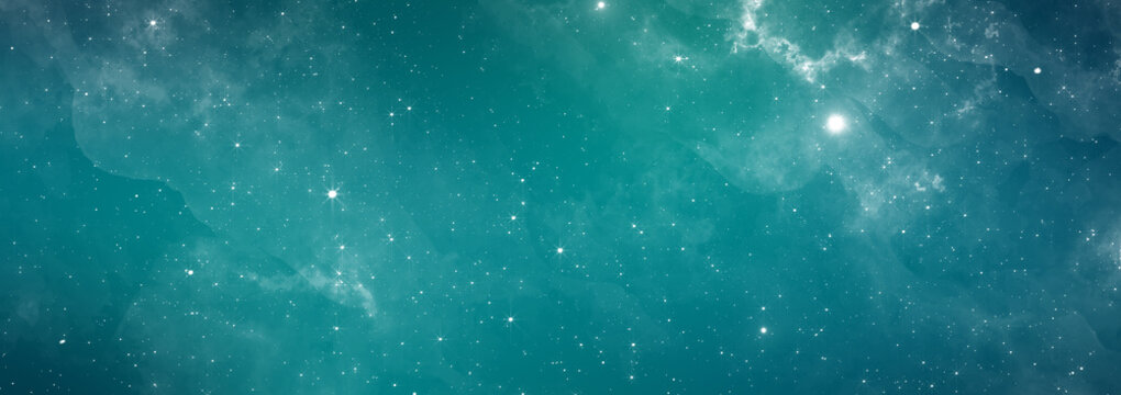 Turquoise Stars and galaxy outer space sky night universe vibrant colorful starry banner background of starfield in Wide 8K High Resolution