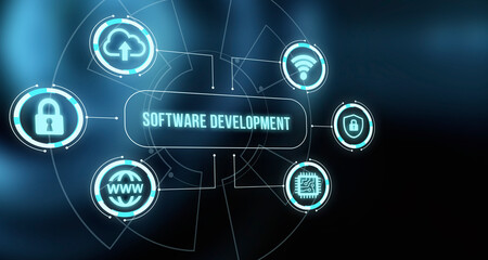 Internet, business, Technology and network concept. Inscription MOBILE APPS DEVELOPMENT on the virtual display. Cloud technology concept.