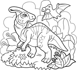 cartoon cute dinosaur parasaurolophus, coloring book, funny illustration