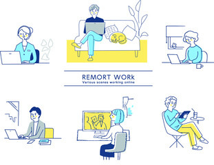 さまざまなリモートワークのシーン　セット