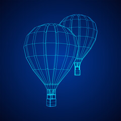 Airballoon design airway travel transport. Air ship with cabin. Wireframe low poly mesh vector illustration.