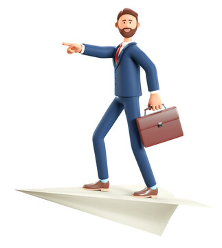 3D Illustration Of Bearded Man With Briefcase Flying On A Huge Paper Airplane. Cartoon Smiling Businessman Pointing Forward With Hand, Isolated On White. Reaching Goals Concept.