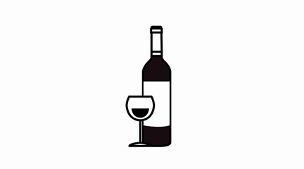 Wine Icon. Black and white wine illustration, with a bottle and a cup of wine