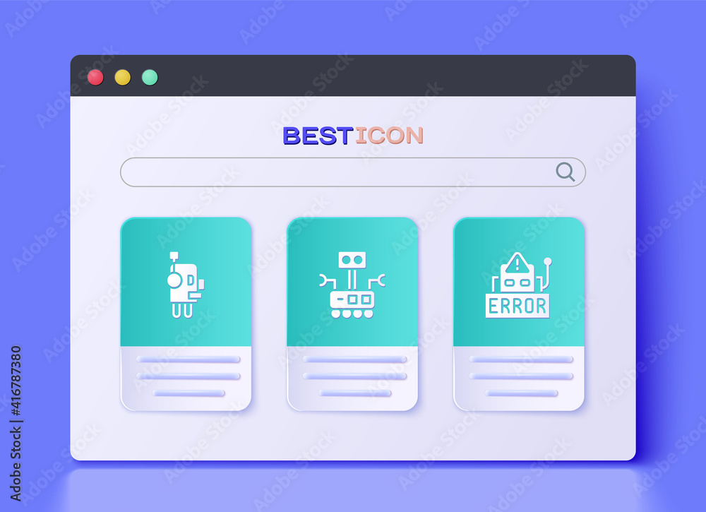 Poster set robot, and error in robot icon. vector.