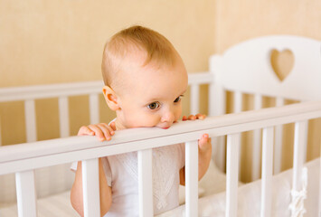 A cute baby is standing in the crib and biting the railing. teeth eruption concept