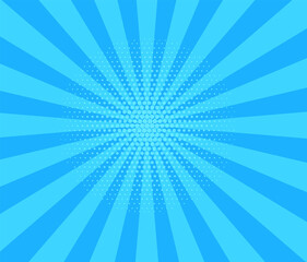 Pop art halftone background. Comic starburst pattern. Cartoon sunburst effect. Blue banner with dots and rays. Vintage duotone texture. Vector illustration. Superhero banner. Gradient wow design.