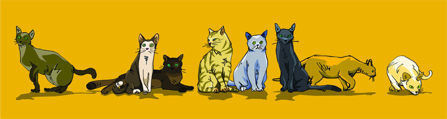 illustration vectorielle de chats et matous de différentes couleurs formant un gang sur fond jaune