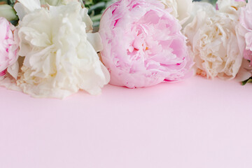 Delicate light beautiful pink background with a frame of peonies. Copy space for text. Floral border banner. Romance mothers day femininity womens day. Postcard texture spring summer peony