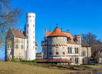 Fototapeta na wymiar back view of the castle Lichtenstein with tower