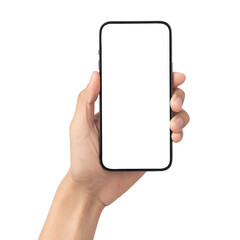 Man hand holding the black smartphone with blank screen isolated on white background with clipping path, Can use mock-up for your application or website design project.