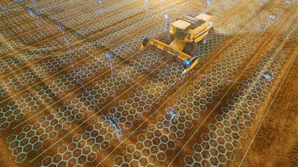 Aerial Shot: Harvester Working on Field