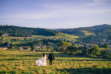 a newlywed couple holding hands is walking on a meadow in the mo