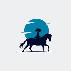cowgirl riding a horse with modern concept logo