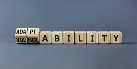 Vulnerability or adaptability symbol. Turned wooden cubes and changed words 'vulnerability' to...