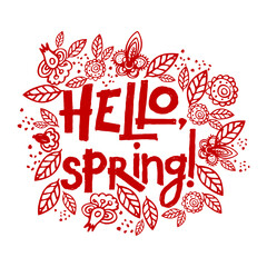 Hello, spring! Vector logo, design in 1 color. Can be easily scaled. An illustration with beautiful leaves and an exclusive inscription.