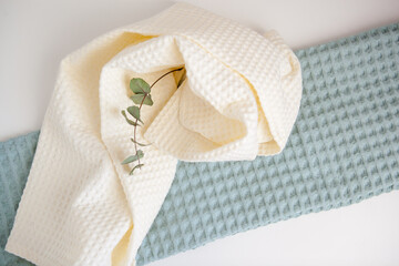 Obraz na płótnie Canvas white and green towels, a branch of eucalyptus. skin care, home spa