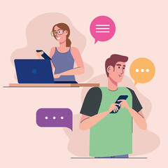 young couple using smartphone and laptop characters vector illustration design