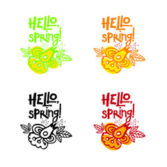 Hello, spring! Vector logo. Can be easily scaled. An illustration with beautiful leaves and an exclusive inscription.