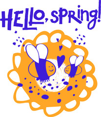 Hello, spring! Vector logo, design in 2 colors. Can be easily scaled. An illustration with beautiful leaves and an exclusive inscription.