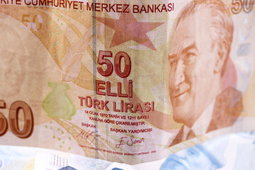 close-up Turkish Lira banknote on background