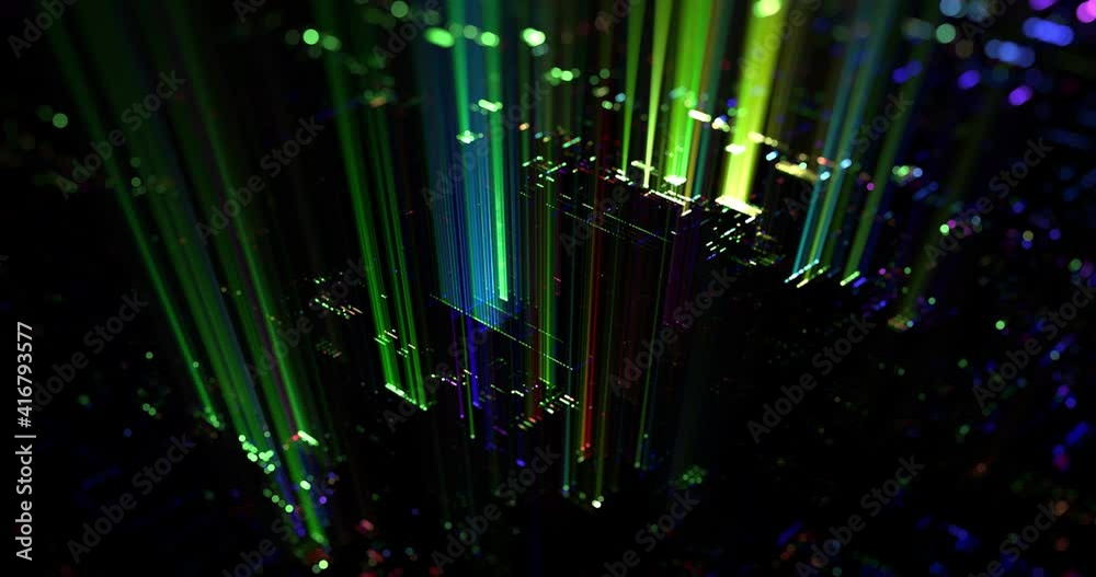 Poster abstract seamless loop of 3d render computer processor. colorful light rays shining from electronic 