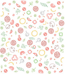 Pizza ingredients. Seamless pattern background. Sketch hand drawn color line illustration. Fast food.