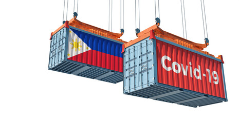 Container with Coronavirus Covid-19 text on the side and container with Philippines Flag. Vaccine distribution. 3D Rendering 