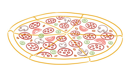 Pizza Margherita. Sketch hand drawn color line illustration. Mushrooms, olives end sausage. Round six slices. Isometric view.