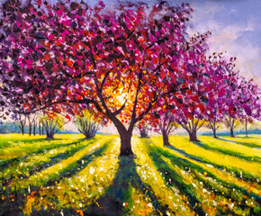 Original Ölgemälde sonnige Landschaft auf Leinwand. Schöner Vorfrühling, Frühlingslandschaft. Malerei des modernen Impressionismus. © weris7554