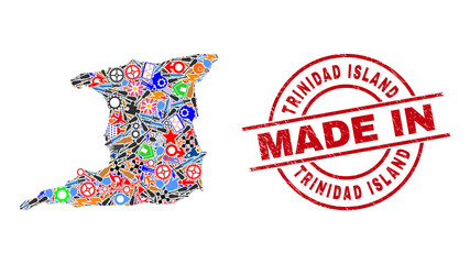 Obraz premium Education Trinidad Island map mosaic and MADE IN distress rubber stamp. Trinidad Island map mosaic formed with wrenches, wheels, instruments, components, cars, power sparks, rockets.