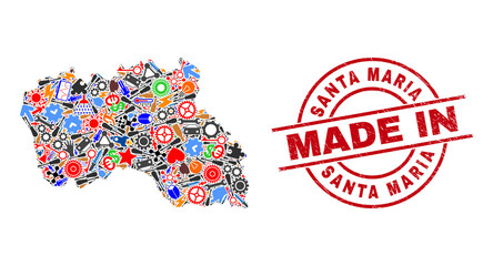 Service Santa Maria Island map mosaic and MADE IN textured rubber stamp. Santa Maria Island map mosaic composed with wrenches, gear wheels, screwdrivers, air planes, cars, electric sparks, helmets.