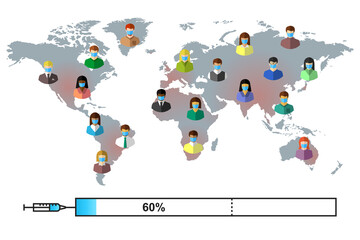 COVID-19 global pandemic and vaccination rate concept with people around the world. Syringe as vaccine symbol, bar and the goal of sixty percent of population getting vaccinated to gain herd immunity.