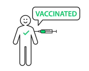 Happy stick figure smiling after getting vaccinated against coronavirus. COVID-19 pandemic and vaccination concept. Person getting the vaccine from a syringe or injection.